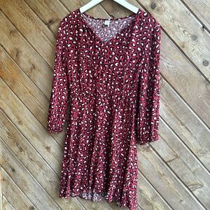 Old navy maroon red waist defined tie neck dress long sleeve leopard size M